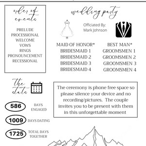 K&ouml;nnte beinhalten: Eine Hochzeitseinladung mit einer Schwarzwei&szlig;illustration einer Bergkette. Oben auf der Einladung steht der Text "WELCOME TO THE WEDDING OF DIANA and KEEGHAN". Die Einladung enth&auml;lt au&szlig;erdem eine Liste der Hochzeitsereignisse, die Hochzeitsgesellschaft und das Hochzeitsdatum.