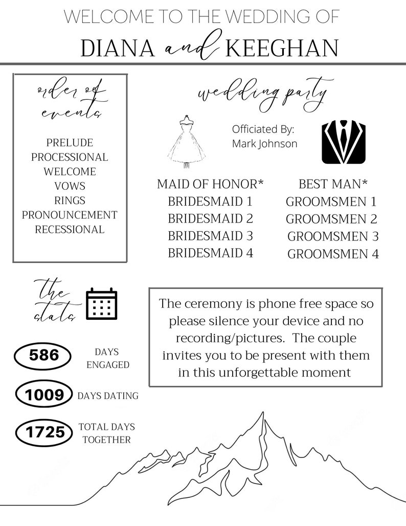 K&ouml;nnte beinhalten: Eine Hochzeitseinladung mit einer Schwarzwei&szlig;illustration einer Bergkette. Oben auf der Einladung steht der Text "WELCOME TO THE WEDDING OF DIANA and KEEGHAN". Die Einladung enth&auml;lt au&szlig;erdem eine Liste der Hochzeitsereignisse, die Hochzeitsgesellschaft und das Hochzeitsdatum.