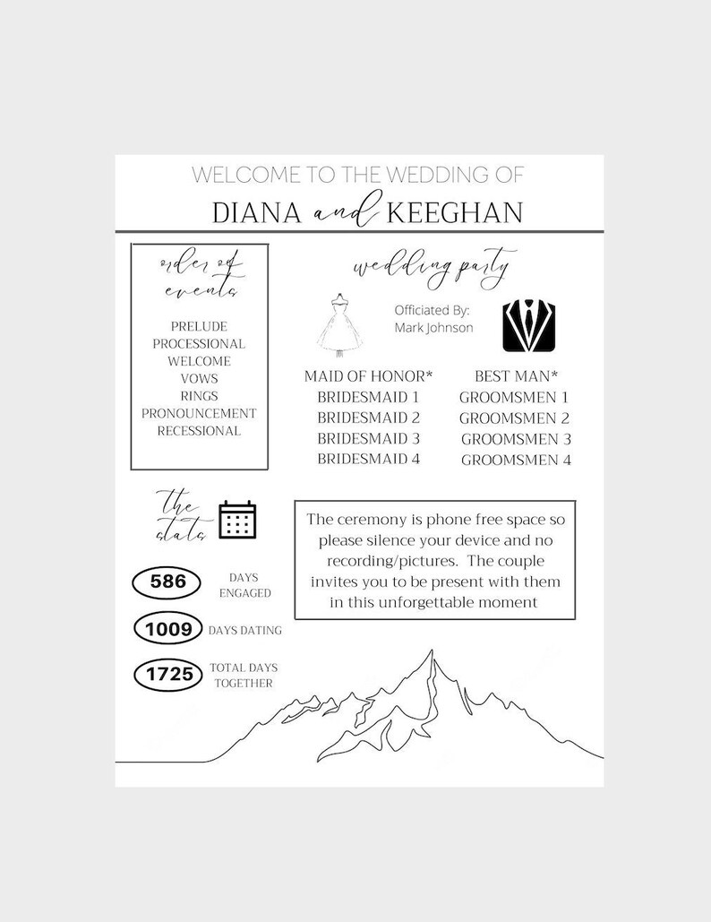 K&ouml;nnte beinhalten: Eine schwarz-wei&szlig;e Hochzeitseinladung mit einer Grafik einer Bergkette. Die Einladung enth&auml;lt die Namen Diana und Keeghan, das Hochzeitsdatum und die Reihenfolge der Ereignisse. Au&szlig;erdem sind die Hochzeitsgesellschaft und der Name des Standesbeamten aufgef&uuml;hrt.