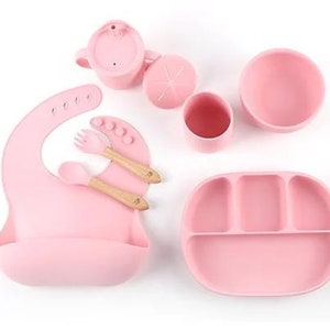 Nummi Pink Silicone Baby Feeding Set, Silicone Spoon and Fork, Suction Bowl and Snack Cup, Baby Food Set, Water Cup (7 pieces)