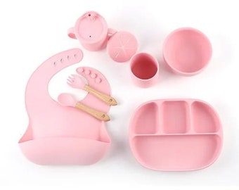 Nummi Pink Silicone Baby Feeding Set, Silicone Spoon and Fork, Suction Bowl and Snack Cup, Baby Food Set, Water Cup (7 pieces)