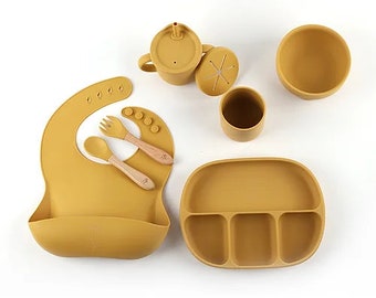 Nummi Gold Silicone Baby Feeding Set, Silicone Spoon and Fork, Suction Bowl and Snack Cup, Water Cup, Baby Food Set