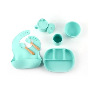 Nummi Teal Silicone Baby Feeding Set, Baby Food Set, Silicone Spoon and Fork, Suction Bowl and Water Cup, Snack Cup, Dinnerware Set