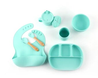 Nummi Teal Silicone Baby Feeding Set, Baby Food Set, Silicone Spoon and Fork, Suction Bowl and Water Cup, Snack Cup, Dinnerware Set