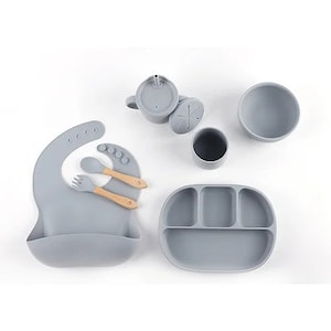 Nummi Grey Silicone Baby Feeding Set, Suction Bowl and Snack Cup, Baby Food Set, Water Cup, Silicone Spoon and Fork (7 pieces)
