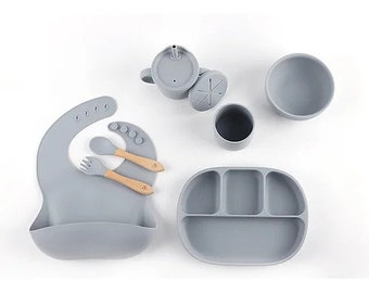 Nummi Grey Silicone Baby Feeding Set, Suction Bowl and Snack Cup, Baby Food Set, Water Cup, Silicone Spoon and Fork (7 pieces)