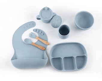 Nummi Blue haze Silicone Baby Feeding Set, Suction Bowl and Snack Cup, Baby Food Set, Water Cup, Silicone Spoon and Fork (7 pieces)