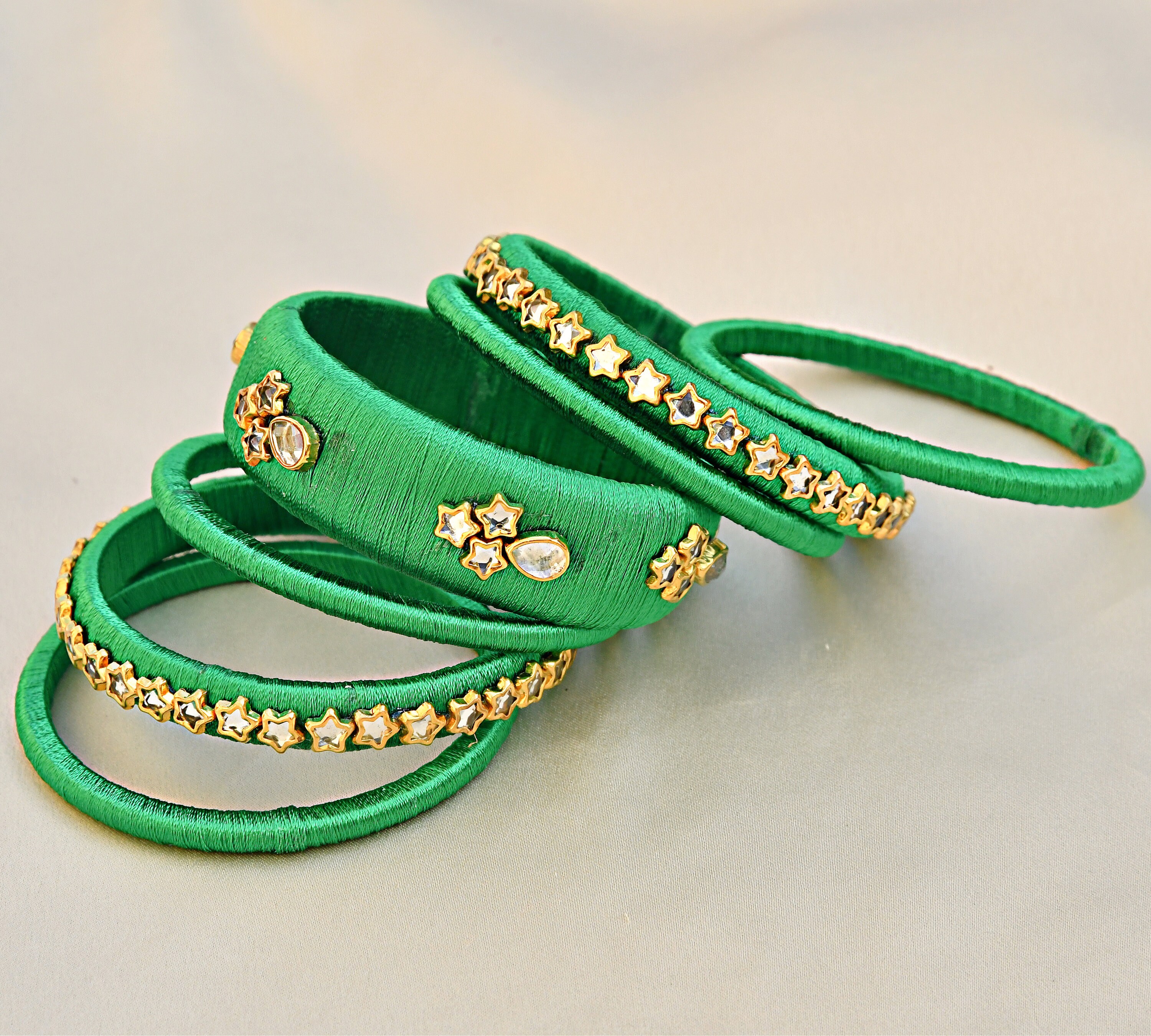Green Silk Thread Bangles with Kundan Work Handmade Kada Wedding Wear Silk Jewelry Party Wear