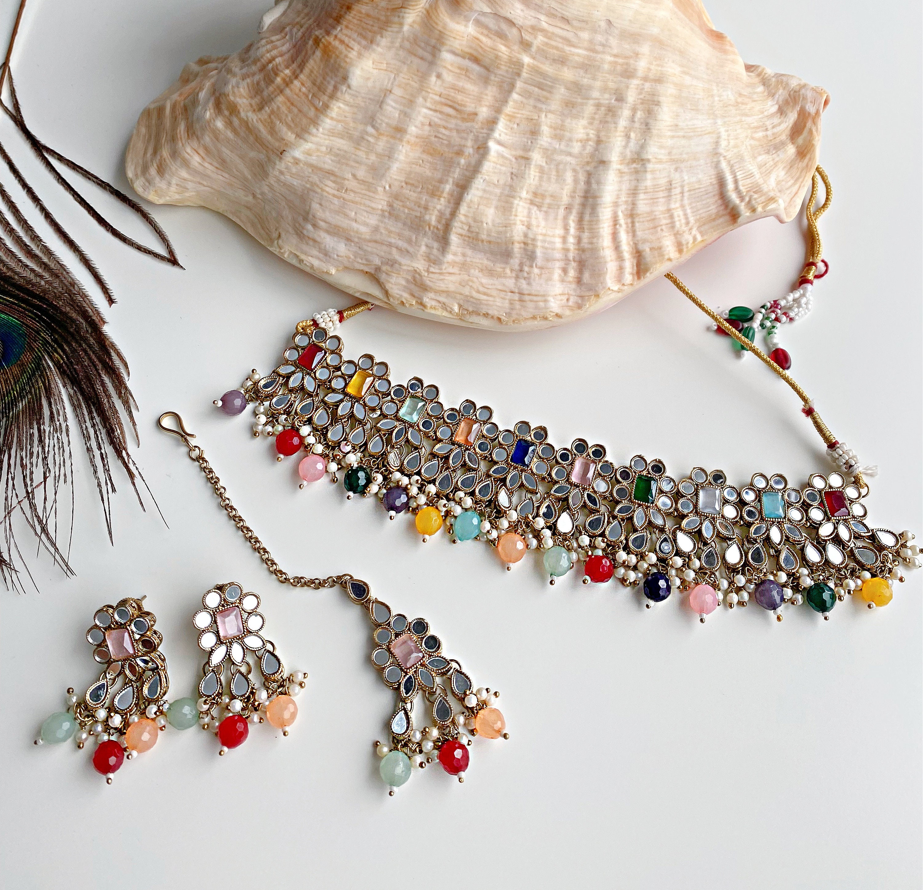 Orange - Ghungroo Mirror Work Fabart Necklace Set 10