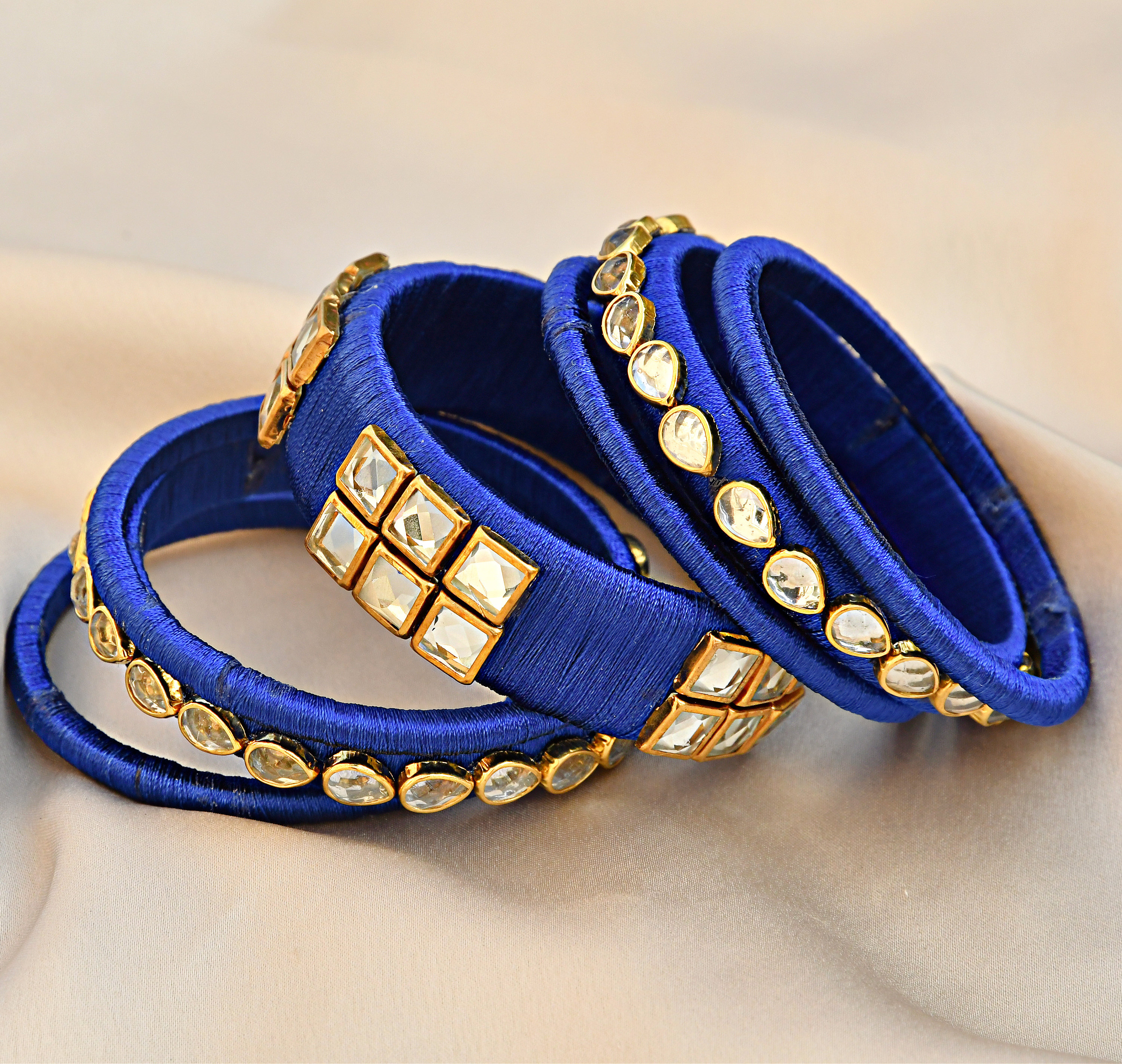 Blue Silk Thread Bangles With Kundan Work Handmade Kada Wedding