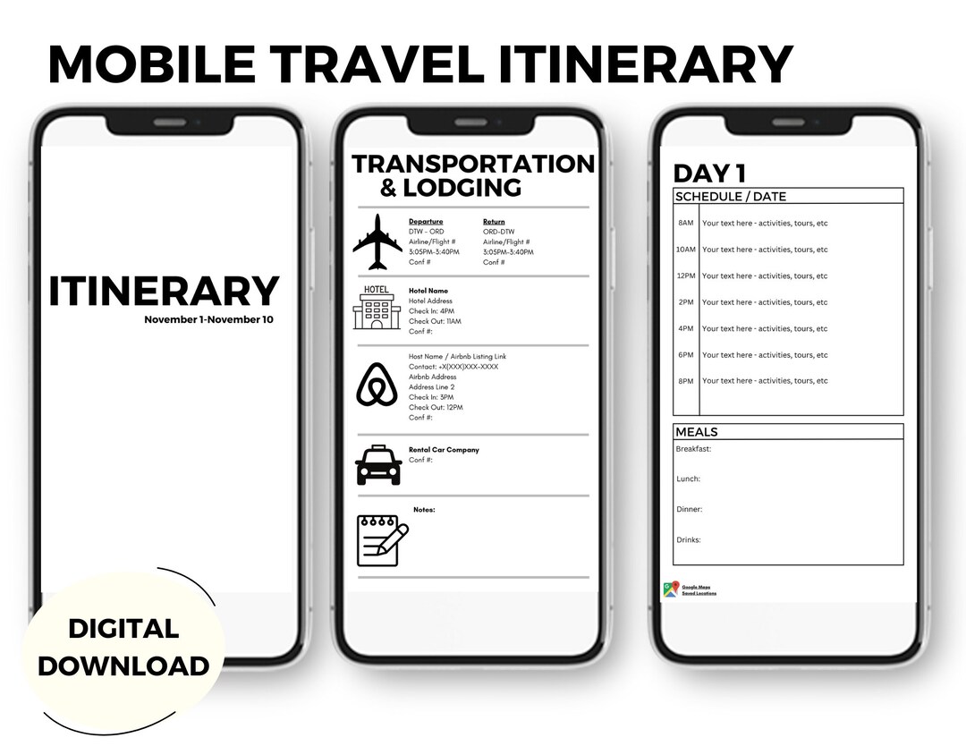 Mobile Travel Itinerary, Digital Itinerary, Editable Itinerary, Travel ...