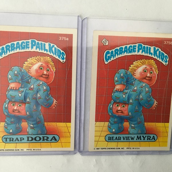 Vintage 1987 Garbage Pail Kids Cards Trap Dora 375a and Rear View Myra 375b.
