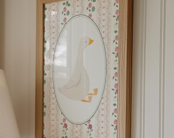 Goose Nursery Wall Art, Pink Strawberry Floral Cottagecore Nursery Decor, Digital Download