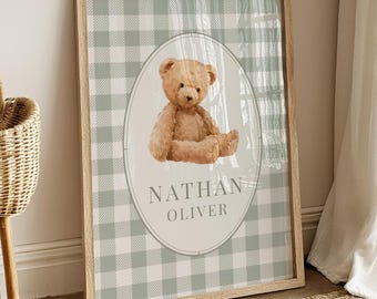 Personalized Teddy Bear Nursery Print, Vintage Baby Boy Name Sign (Digital Download)