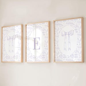Toile Bow Nursery Wall Art Set of 3, Personalized Monogram Print, Lavender Girl Room Decor, Grandmillennial Baby Wall Art, Coquette Nursery
