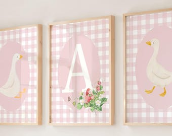 Silly Goose Nursery Print Set: Personalized Strawberry Gingham Cottagecore Wall Art (Digital Download)