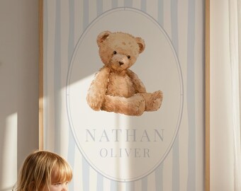 Neutral Nursery Beige & Blue Nursery Decor Vintage Teddy Bear Poster Boy Bedroom Art Woodland Animal Newborn Art Stripe Bear