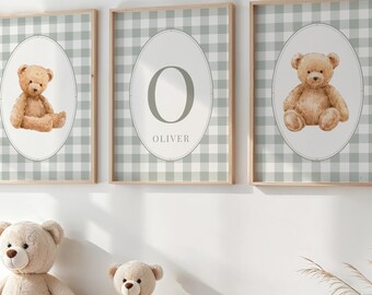 Personalized Teddy Bear Nursery 3 Piece Set, Neutral Baby Boy Name Sign