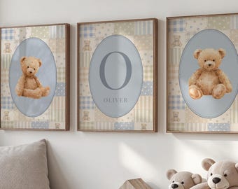 Personalized Teddy Bear Nursery 3 Piece Set, Patchwork Baby Boy Name Sign
