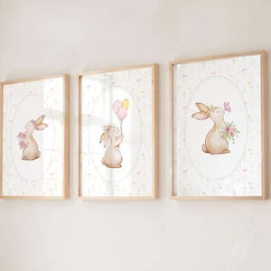 Vintage Bunny Nursery Wall Art Set of 3, Coquette Baby Girl Room Decor, Floral Rabbit Prints, Grandmillennial Cottagecore Nursery Art