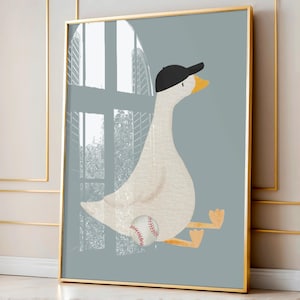 Silly Goose Poster Wall Art, Cute Goose Hat Poster, Blue Boy Baseball Nursery Decor, Animal Printable, Goose Print Children&#39;s Kid&#39;s Room