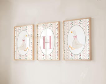 Vintage Goose Nursery Print Set: Coquette Cottagecore Pink Bow Decor (Digital Download)