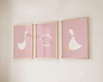 Silly Goose Wall Art Set of 3, Goose Hat Poster, Pink Girl Nursery Decor