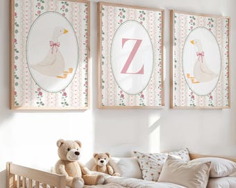Vintage Goose Nursery Print Set: Coquette Cottagecore Pink Bow Decor (Digital Download)
