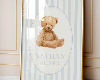 Teddy Bear Nursery Wall Art Printable, Vintage Baby Boy Room Decor, Personalized Name Print