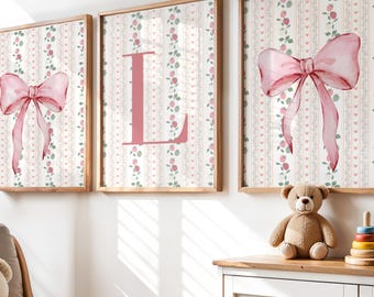 Personalized Strawberry Bow Nursery Prints: Vintage Cottagecore Pink (Digital Download)