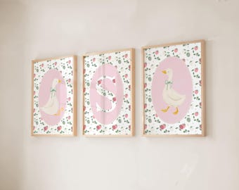 Strawberry Goose Nursery Art Set: Personalized Cottagecore Baby Room Decor (Digital Download)