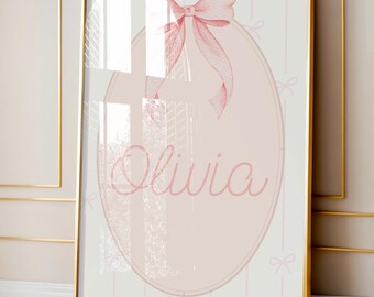 Custom Bow Name Sign, Pink Baby Girl Nursery Print, Coquette Wall Decor, Personalized Newborn