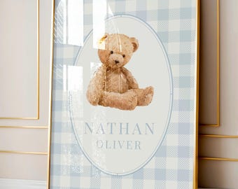 Personalized Teddy Bear Nursery Print, Blue Gingham Baby Boy Name Sign