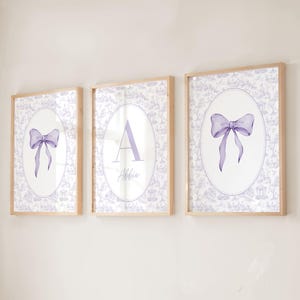 Toile Bow Nursery Wall Art Set of 3, Personalized Monogram Print, Lavender Girl Room Decor, Grandmillennial Baby Wall Art, Coquette Nursery