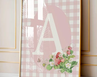 Strawberry Monogram Nursery Print: Pink Gingham Initial Art (Digital Download)
