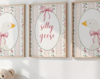 Silly Goose Nursery Print, Strawberry Floral Cottagecore Decor, Set of 3 (Digital Download)