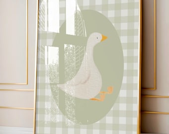 Cottagecore Goose Nursery Print: Sage Green Gingham (Digital Download)