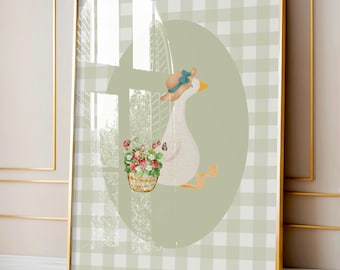 Goose Nursery Print: Strawberry Basket, Gingham Baby Girl Room Decor (Digital Download)