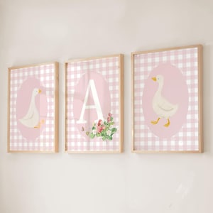 Gingham Goose Nursery Print Set: Personalized Strawberry Cottagecore Wall Art (Digital Download)