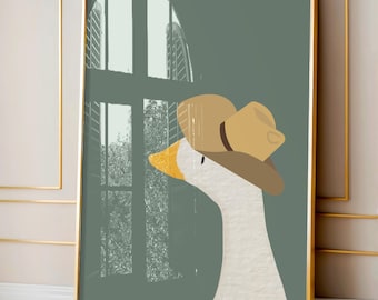 Cowboy Goose Nursery Print: Sage Green Farm Animal Art (Digital Download