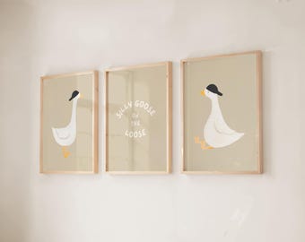 Goose Nursery Art Set of 3: Beige Nursery Decor (Digital Download