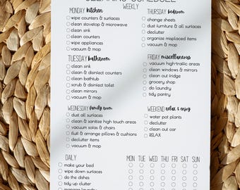 Weekly Cleaning Checklist Schedule Editable, Printable Template, House Chore List, PDF, Digital