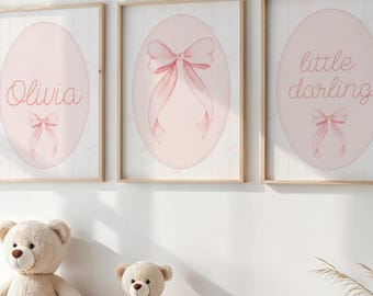 Name Sign Nursery Bow Wall Art Set,Pink Custom Name, Coquette Baby Girl