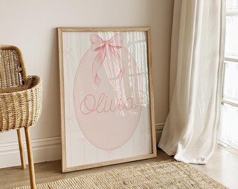 Custom Bow Name Sign, Pink Baby Girl Nursery Print, Coquette Wall Decor, Personalized Newborn