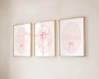 Name Sign Nursery Bow Wall Art Set,Pink Custom Name, Coquette Baby Girl