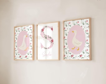 Strawberry Goose Nursery Art Set: Personalized Cottagecore Baby Room Decor (Digital Download)