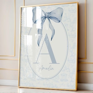 Chinoiserie Nursery Monogram: Blue Bow Floral Wall Art (Digital Download)
