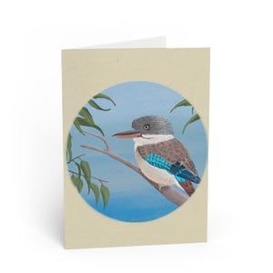 Tarjeta en blanco con la imagen de un kookaburra, un pájaro australiano