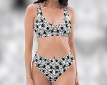 SPIDERWEB GOTHIC SWIMSUIT Szalony gotycki czarno-biały kostium kąpielowy Dwuczęściowy kostium kąpielowy z nadrukiem pająków