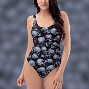 SKULLS GOTHIC SWIMSUIT Crazy Gothic Black & Grey Swimwear Skulls Printed One-Piece Swimsuit